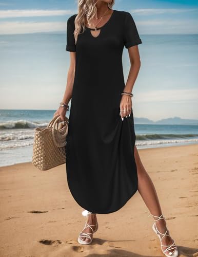 Image of Zeagoo Womens Maxi Summer Dress with Pockets Casual Short Sleeve Sundress Trendy 2026 Curve Hem Long Dress