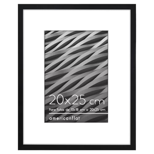 Americanflat Marco de Fotos 20x25 cm Negro - 13x18 cm con Paspartú o 20x25 cm sin Paspartú - Borde Delgado, Vidrio Resistente, Caballete Incorporado para Pared y Mesa