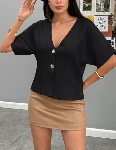 Image of hathne Women's Short Sleeve V Neck Cardigan Lightweight Knit Sweater Button Down Office Casual Tops