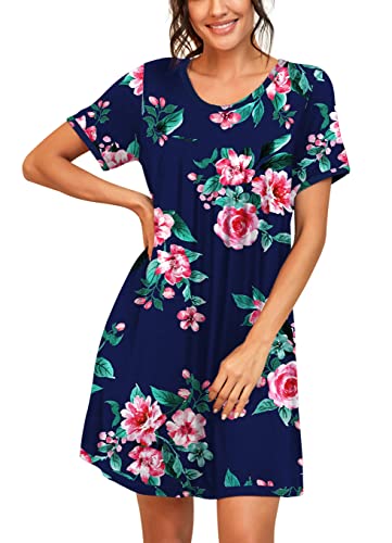 Image of PrinStory Nightgowns for Women Short Sleeve Night Gowns Pleated Sleep Shirt Ladies Nightshirt Soft Sleepwear