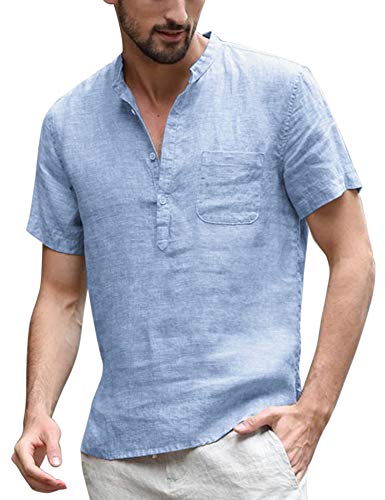 COOFANDY Men s Cotton Linen Henley Shirt Short Sleeve Hippie Casual Beach T Shirts with Pocket Blue