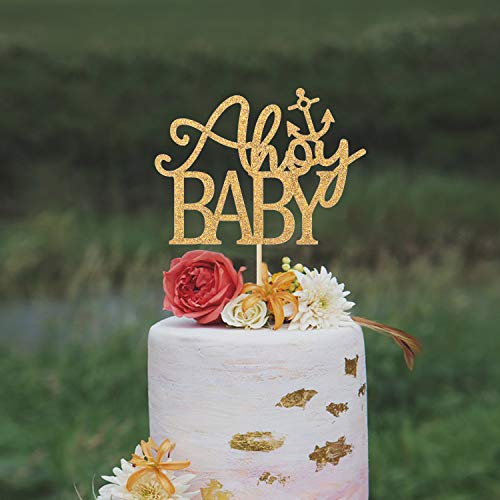 Ahoy Baby Cake Topper, Nautical Ocean Themed Baby Shower Gender Reveal Party Decorations, Baby's First Birthday Party Decorations Gold Glitter. #TOP3
