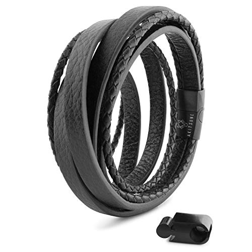 Akitsune Dark Matter Synthetisches Lederarmband | Magnetverschluss aus Edelstahl - Geflochtenes Männer Herren Armband inkl. schöner Schmuckschachtel - Schwarz-Schwarz - 19cm