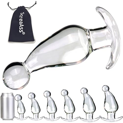 ScreaAss 6 Größen Großer Glas Analplug Mit Gebogenem Anker 35/40/45/50/55/60Mm Glattes Kristall Analstöpsel Anal Kugeln Butt Plug Glas Dildo Plug Dilatator Sex Spielzeug Für Frauen Männer,Clear,S