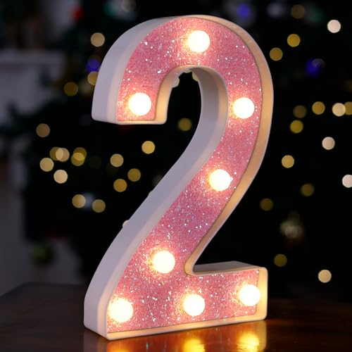 Image of LED Letter Lights Pink Glitter Marquee Letters Light Up Alphabet Letters Sign Battery Powered for Home Party Decoration Night Bar Wedding Birthday Christmas Lamp Girls Gift - Number 2