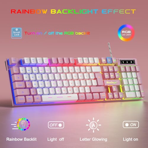 Image of BlueFinger RGB Gaming Keyboard and Backlit Mouse and Headset Combo, USB Wired Backlit Keyboard, LED Gaming Mouse Set, Headset with Microphone for Laptop PC Computer Game and Work (Pink & White)