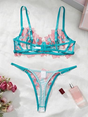 Image of Sexy Floral Embroidered Flower Mesh Underwire Push Up Lingerie Set