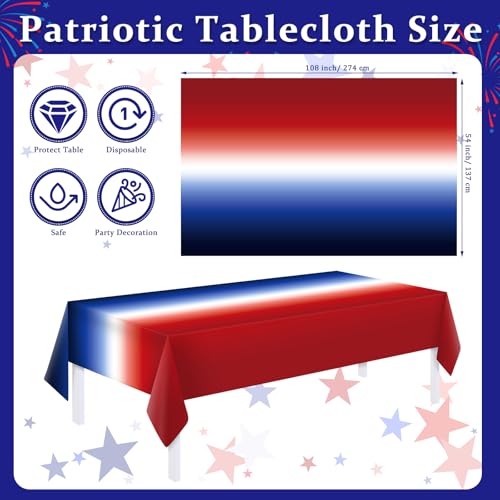 Image of Oudain 3 Pack Patriotic Tablecloths 4th of July Tablecovers 54 inch x 108 inch Red, White and Blue Gradient Plastic Tablecloths for 250th Anniversary Memorial Day, Independence Day, Labor Decor