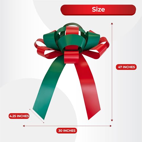 Image of CarBowz Big Car Bow for Car Decorations and Birthday Car Gifts, Large Bow Ribbon, Magnet, Car Safe Sticker Included, Fully Assembled 30 inch Wide Huge Bow, No Suction Cup Needed (Red /Green)