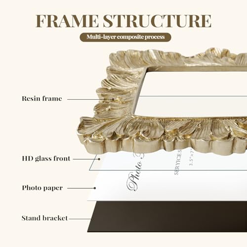 Small Gold Picture Frame 3x5 Frames, Vintage Gold Palm Leaves Textured Hand-Crafted Resin with Glass Front Elegant Retro Vintage Design Photo Frame for Wall and Tabletop Display Home Decor
