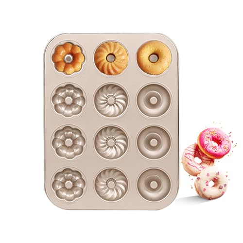 Liroyal ドーナツ型 12連 ケーキ型 炭素鋼製 粘着防止コーティング ノンスティック 三種デザイン ベーキングモールド 家庭用オーブン対応 ケーキ焼き型 27x32cm（ゴールド） - Liroyal - 商品画像