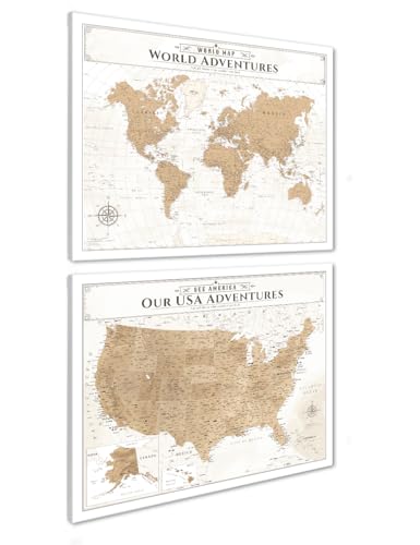 Image of IPIC - Vintage World Map & USA Map Canvas Wall Art Set of 2, Large Travel Art Prints for Office, Home, Study and RV, Push Pin Board Decor for Travel Lovers, Ready to Hang