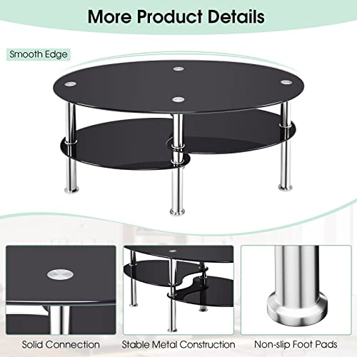 Costway Tempered Glass Coffee Table, 3-Tier Sofa End Table With Metal Tube Legs And Open Shelves, End Table For Living Room, Modern Oval Tea Table For Living Room Office (Black) #TOP7