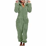 FOCLMP Fleece Onesie Pajamas for Women Sherpa Fuzzy Zipper Hooded One Piece Jumpsuit Warm Cinch Bottom Sleepwear with Pockets sherpa lined onesie women Mint Green 2XL