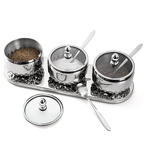 HOMSPE Juego de 3 botes de condimentos de acero inoxidable, tarro de especias con tapa de vidrio, cucharas y bandeja, juego de tarros de condimentos de 263.7 g, organizadores de almacenamiento para