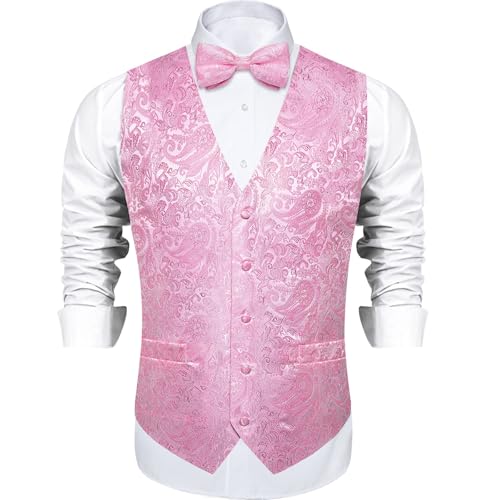 Image of DiBanGu Mens Paisley Suit Waistcoat,Silk Dress Vest and Bowtie Pocket Square Cufflinks with Lapel Pin Set for Wedding Tuxedo