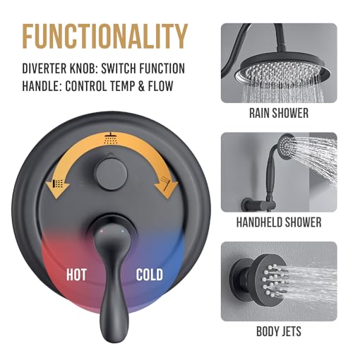 DASAN Antique Shower Faucet Sets Complete Rain Shower System in Wall with Body Shower Spray Jets, Matte Black Shower Fixtures with 9’’ Rainfall Overhead Shower, Handheld, Valve & Trim Kit, AT249W-MB