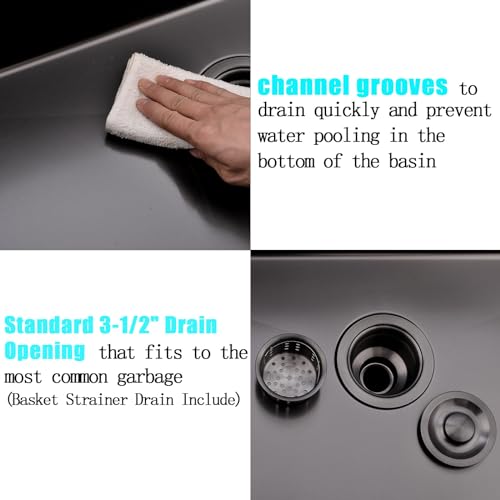 Image of 30x18 Inch Black Undermount Kitchen Sink, Stainless Steel Single Bowl Nano Black16 Gauge 9 Inch Deep Kitchen Sink with Strainer
