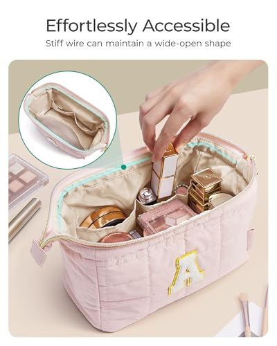 Image of BAGSMART Birthday Gifts Personalized Initial Makeup Bag, Trendy Stuff Gifts for Women Bridesmaid Graduation, Puffy Padded Make Up Bags for Women, Wide-open Toiletry Bag, Pink K