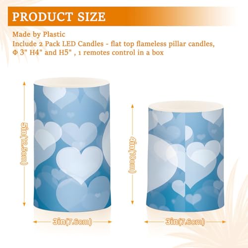 Image of Valentines Lights Flameless Candles Blue Abstract Heart Pillar Candles Set of 2 Battery Operated Remote Control Warm Lights Home Decor