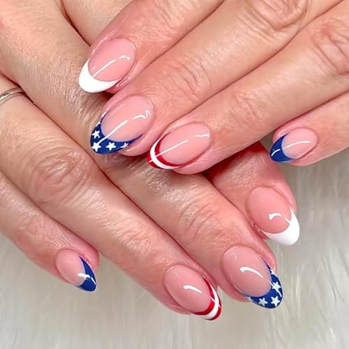 4th Of July French Tip Press On Nails Short Almond Fake Nails Independence Day False Nails Press Ons With Star Design Nude Stick On Nails Full Cover Glue On Nail For Women Nail Supplies 24pcs