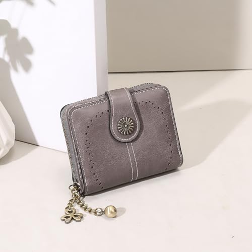 Image of Small Wallet for Women Leather Bifold Compact RFID Blocking with Zipper Coin Pocket