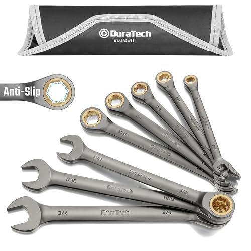 DURATECH 8-Piece Anti-Slip Ratcheting Wrench Set, SAE 5/16 to 3/4, 72-Tooth CR-V Steel with Pouch