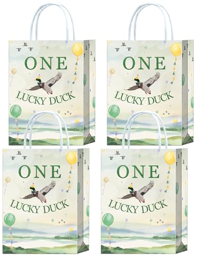 YanZonic 16pc One Lucky Duck Birthday Party Favor Bags, Watercolor Mallard Duck Goodie Bags for Boy's 1st Birthday