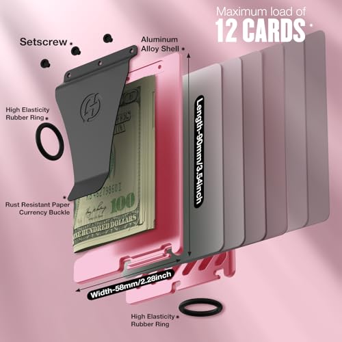 Wallet for Women, Minimalist Card Holder with Money Clip, Slim Metal Front Pocket Wallet, RFID Blocking, Pink, PMLC-062