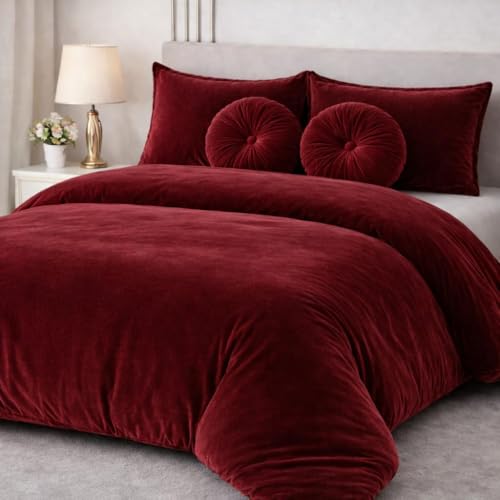Image of Sands Luxurious 6Pc Bedding Set for Winter, 1 Double Duvet Cover,1 Double Bed bedsheet, 2 Pillow Covers, 2 Round Cushions, Ultra Soft Woollen Bedsheet Set- 90X100 inches (Maroon)