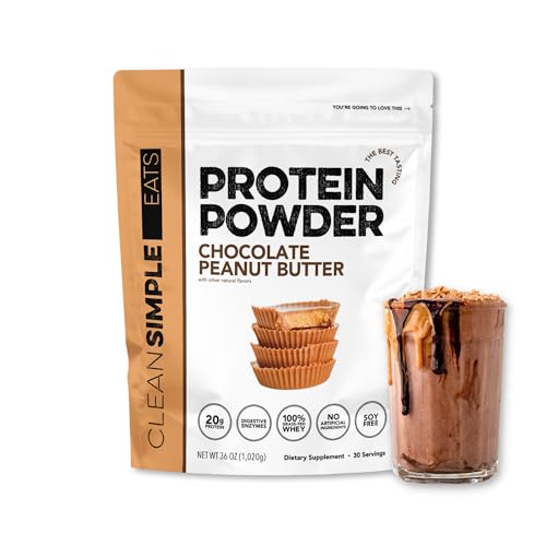 Image of Clean Simple Eats Whey Isolate Protein Powder, Chocolate Peanut Butter, Naturally Sweetened, 0 Added Sugar, 20g 100% Grass Fed Protein Powder with Digestive Enzymes, Gluten Free, Non GMO, 30 Servings