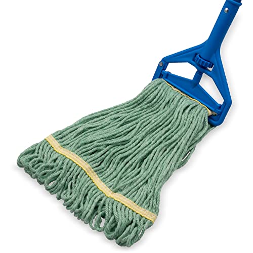 Image of SPARTA Flo-Pac Acrylic Mop Head, Loop-Ended, Narrow Band with 1 inch Yellow Band for Organized Cleaning, Small, Green (Pack of 3)