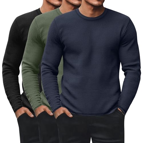 Ficerd 3 Pack Men's Waffle Long Sleeve Shirts, Crew Neck Thermal Underwear Tops Casual Pullover Sweaters Knit Undershirts