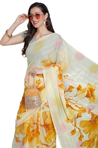Image of RANI SAAHIBA Women's Printed Chiffon Saree Without Blouse Piece