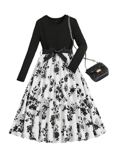 Verdusa Girl's Elegant Floral Print Long Sleeve Dress High Waisted A Line Ruffle Belted Dresses