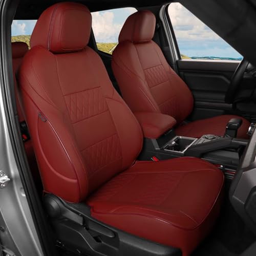Image of EKR Custom Fit Tacoma Front Car Seat Covers for Toyota Tacoma (Petrol & Hybrid) 2024 2025 2026 Double cab SR /SR5 /TRD Sport /TRD Off-Road /Limited - Front Row Only,Faux Leather(Burgundy)