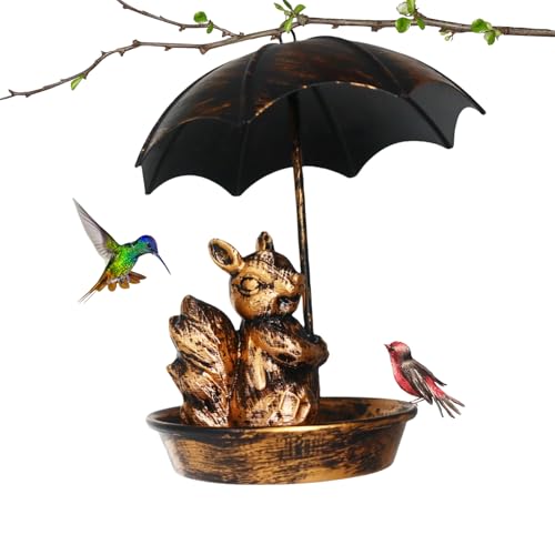 Squirrel Proof Bird Feeder for Outdoors – Metal Hanging Wild Bird Feeder with Cute Squirrel & Umbrella Design – Decorative Hummingbird Feeder for Backyard, Balcony & Garden Gifts