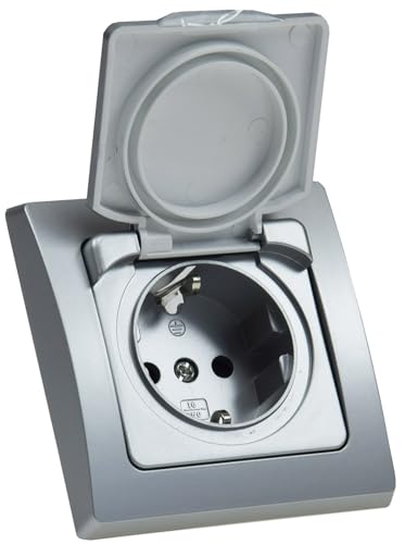 DELPHI Steckdose Unterputz IP44 Feuchtraum-Steckdose mit Schutz-Deckel Aussensteckdose mit Gummidichtung für Küche Bad Terrasse Balkon Grau Silber