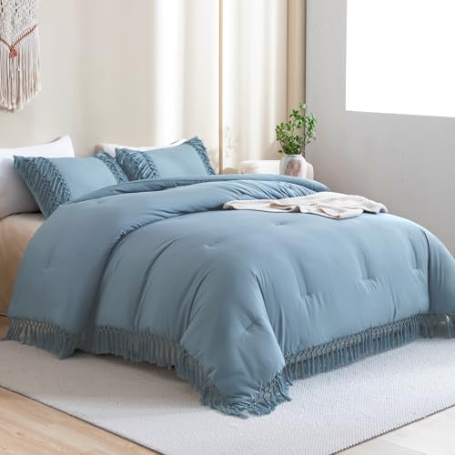 Image of Andency Grayish Blue Comforter Set King, 3 Pieces Boho Tassel Lightweight Soft Bedding Comforter Sets for King Bed, All Season Fluffy Fringe Bed Set (104x90In Comforter & 2 Pillowcases)
