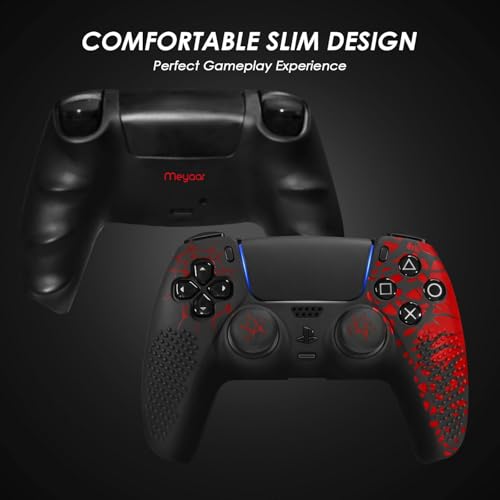 Image of Meyaar Anti-Slip Silicone Cover for PS5 Controller with Thumb Grip Caps & Touchpad Sticker Made for PS5 Controller Only. (Bloodline Black (2 Pack))