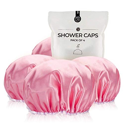 Shower Cap for Women Reusable Extra Large Shower Cap for Men (Pink 4 Pack XL) Satin Double Layer EVA Waterproof Long Hair Cap