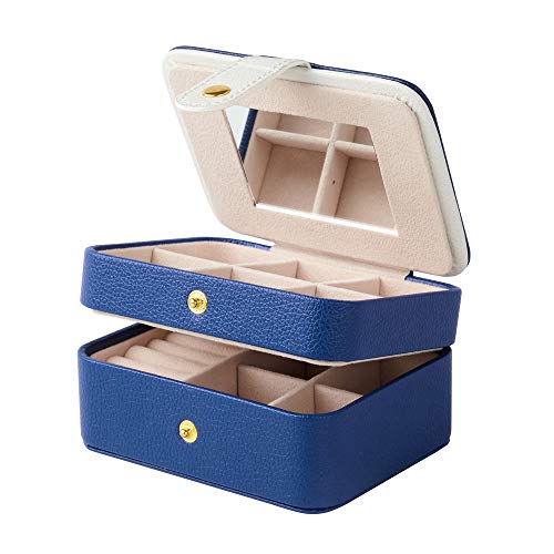 Small Jewelry Box Organizer (BLUE) Portable Jewelry, Earring Holder and Ring Storage Case for Travel with Premium Velvet Lining