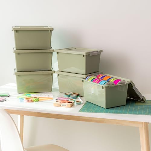 Image of IRIS USA 4 Qt. Craft Storage Bins with Lids, 6-Pack, |Made in USA|, Clip Box, Small Plastic Sensory Bin Tote Organizer Containers for Art Supplies, Paper, & Office, Stackable - Sage Green