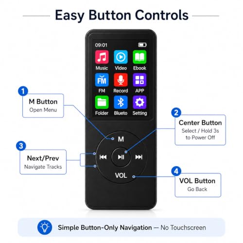 Image of Xzor Bluetooth MP3 Player with 1.8 inch Display - Built-in Speaker, FM Radio, eBook | Voice Recorder | Wired Earphones Included | 7 EQ Modes | 48-Hr Battery | Expandable Up to 128GB | Matte Black