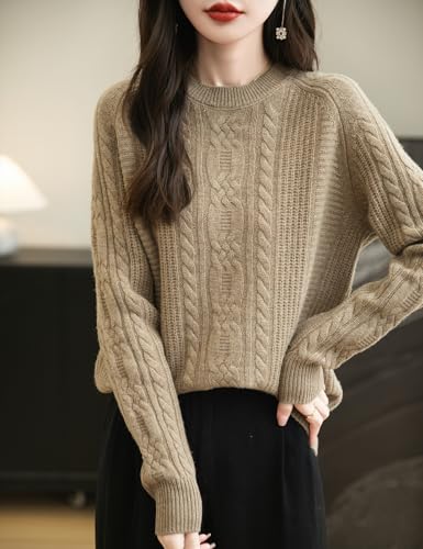 Image of Chanyarn Women's 100% Merino Wool Crew Neck Sweater 2025 Fall Winter Solid Cable Long Sleeve Warm Knitted Sweater