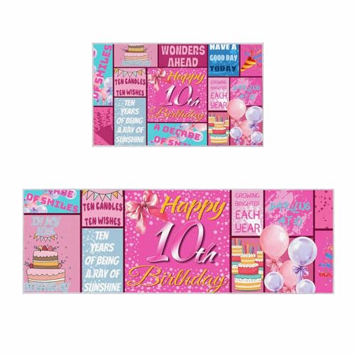 Happy 10th Birthday Kitchen Rugs Set of 2, Pink Bows