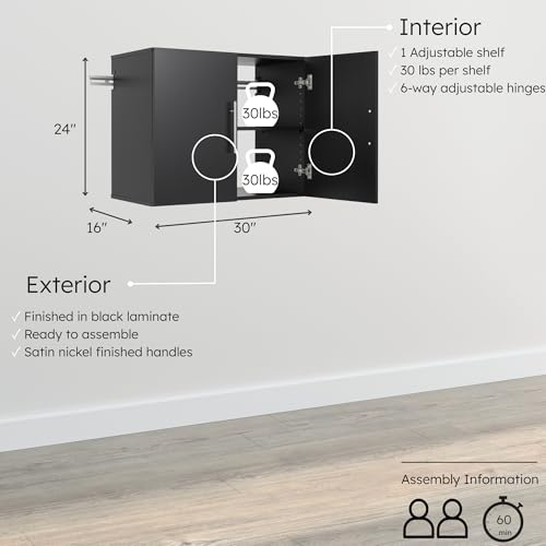Image of Prepac HangUps 30 inch Upper Garage Cabinet, Bathroom Cabinet Wall Mount, Ideal for Garage, Kitchen and Laundry Organization 30 inch W x 24 inch H x 16 inch D, Black