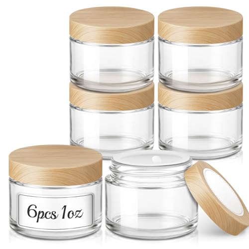 Bumobum 1oz Glass Jars with Lids 6 Pack Small Glass Jars with Plastic Woodgrain Lids Refillable Empty Cosmetic Containers for Creams Lotions Lip Balm