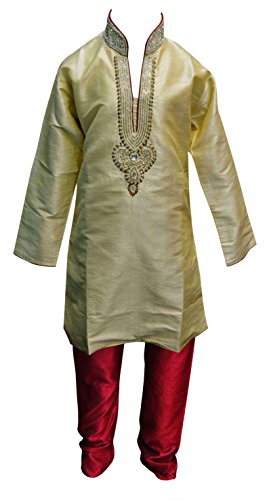 Desi Saree Sherwani 833 - Kurta Salwar Kameez Churidar, bambino Oro con maroon. 4 anni