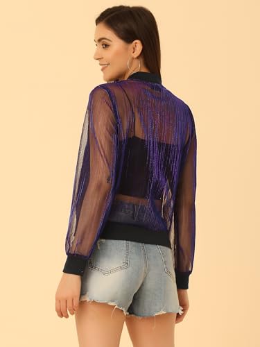 Allegra K Glitter Mesh Bomber Jacket for Women's Shiny Long Sleeve Party Club Zip Up Sheer Jackets3